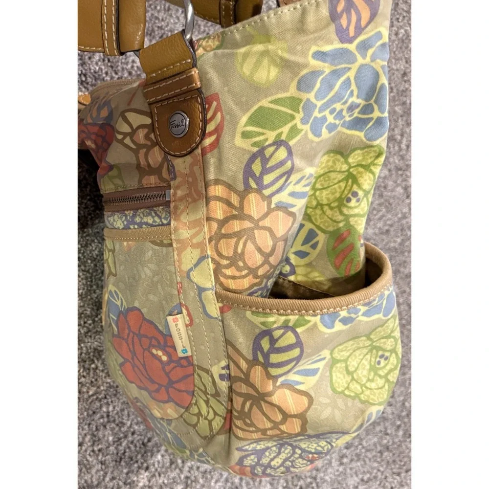 Fossil Key-Per Floral Hobo Tote Bag Canvas & Leather Trim Shoulder Purse